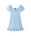 Blue Textured Twist Front Puff Sleeve Dress