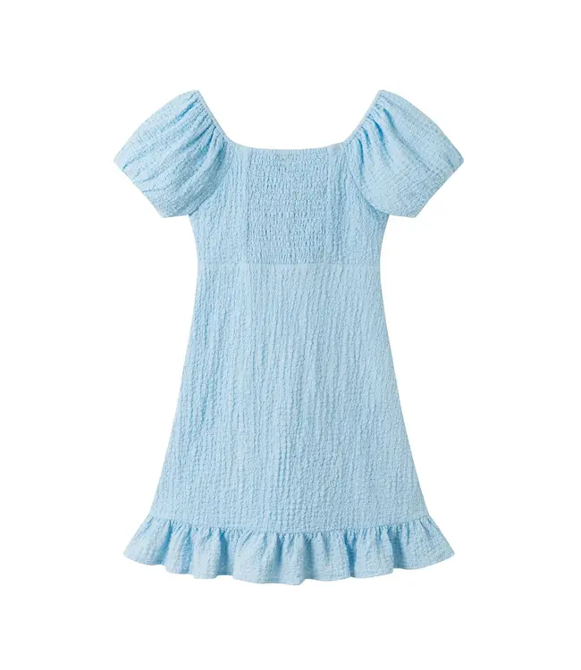 Blue Textured Twist Front Puff Sleeve Dress