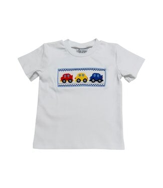 Delaney White S/S Smocked Cars Tee