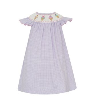 Petit Bebe Lilac Knit Gingham Ice Cream Angel Wing Bishop Dress