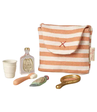 Maileg Toothbrush Set in Bag, Mouse - Coral Stripe