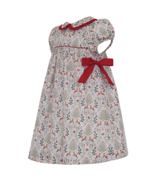Claire & Charlie Girls Reindeer Short Sleeve Float Dress with Red Side Bows