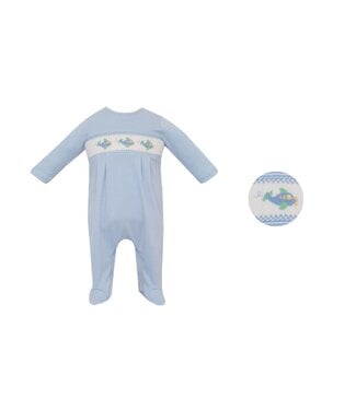 Petit Bebe Airplane Blue Knit Stripe Long Footie