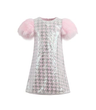 Lola & the Boys Houndstooth Sequin Feather Sleeve Party Dress