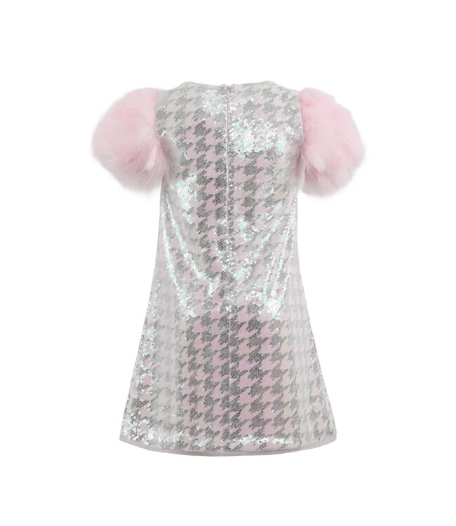 Houndstooth Sequin Feather Sleeve Party Dress