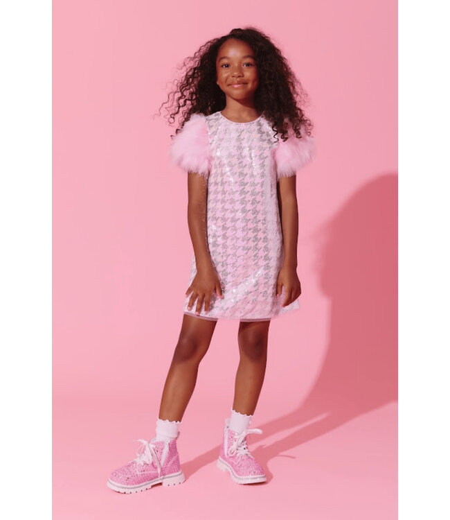 Houndstooth Sequin Feather Sleeve Party Dress