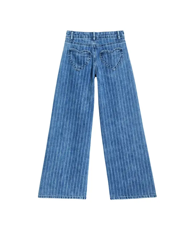Striped Indigo Heart Patch Pocket Wide Leg Jeans