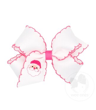 Wee Ones Medium Moonstitch Pink Santa Embroidered White Hair Bow