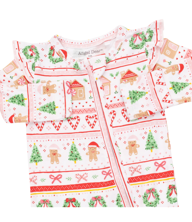 Gingerbread Fair Isle Pink - 2 Way Ruffle Sleeve Zipper Footie