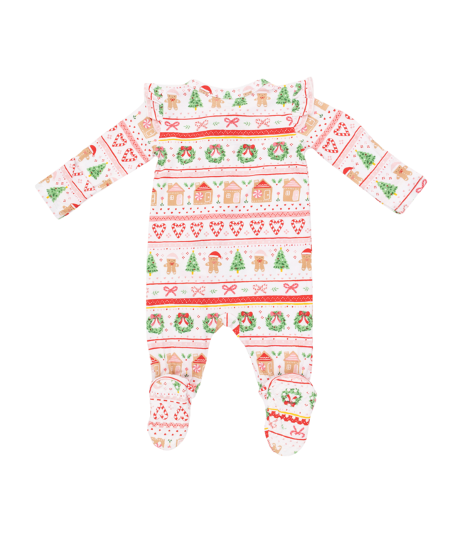 Gingerbread Fair Isle Pink - 2 Way Ruffle Sleeve Zipper Footie