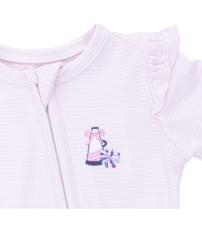 Cheer Pink Micro Stripe - 2 Way Ruffle Sleeve Zipper Footie