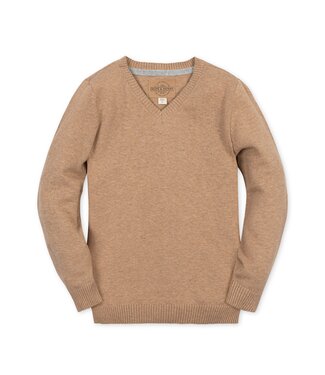 Hope & Henry Camel Heather Organic V-Neck Sweater with Elbow Patches