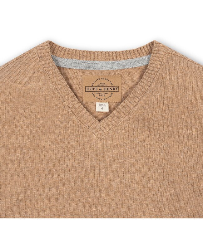 Hope & Henry Organic V-Neck Sweater with Elbow Patches - Camel