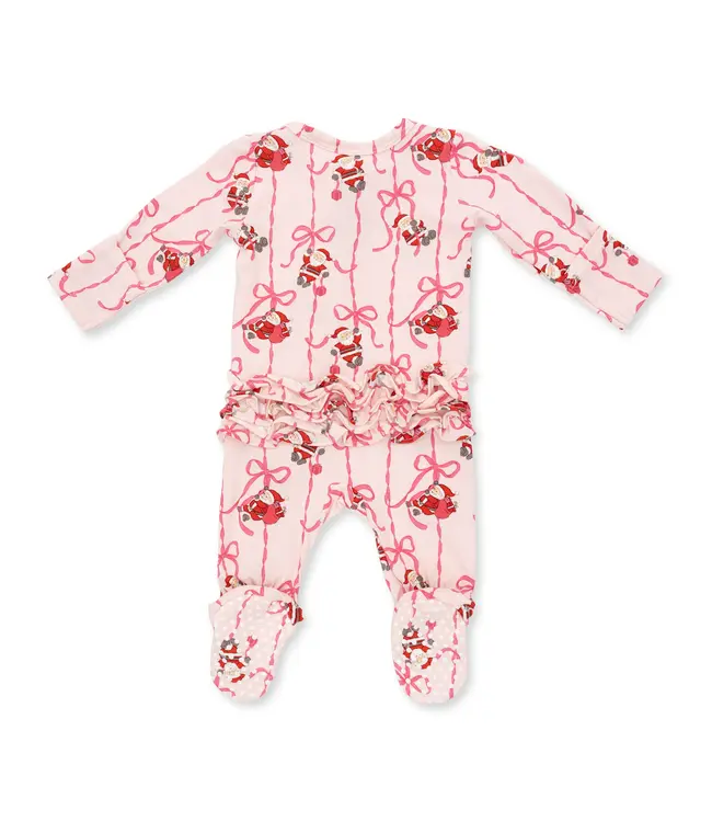 Bows & Santa - 2 Way Ruffle Back Zipper Footie