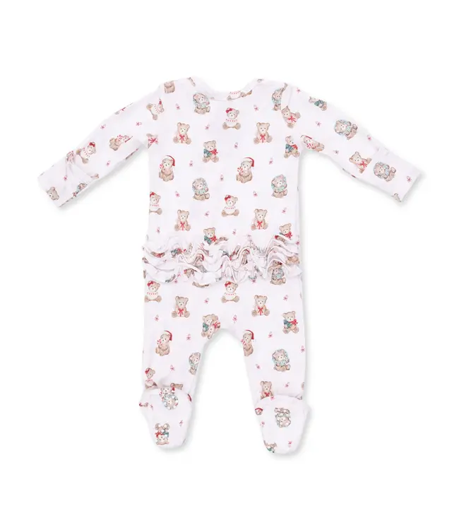 Christmas Teddy Bears Pink - 2 Way Ruffle Back Zipper Footie