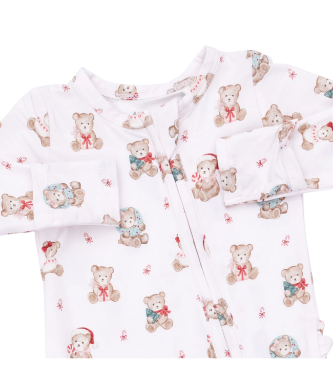Christmas Teddy Bears Pink - 2 Way Ruffle Back Zipper Footie