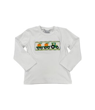 Delaney White Knit L/S Smocked Tractor & Pumpkin T-Shirt
