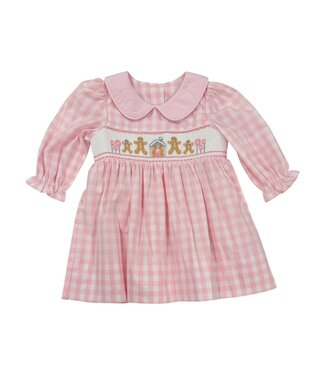 Delaney Pink/White Check Smocked Dress with Gingerbread House