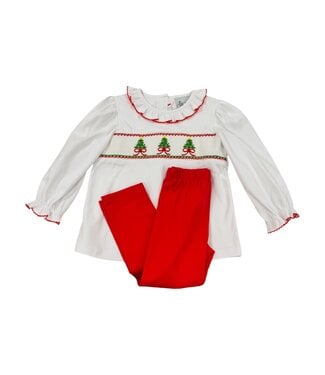 Delaney White L/S Ruffle Collar Smocked Tree and Bow Top
