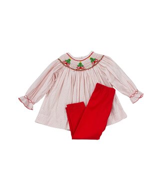 Delaney White L/S Smocked Christmas Tree & Bow Bishop Set