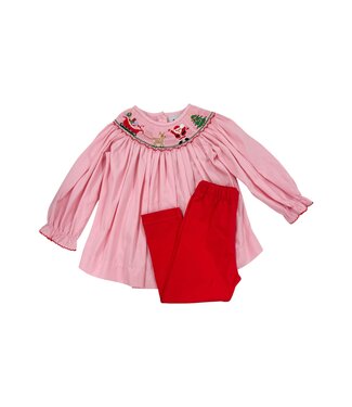 Delaney Pink Check Santa & Sleigh L/S Smocked Bishop Top and Pant Set