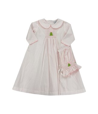 Delaney Pink Mini Dot Smocked Christmas Tree Gown & Bonnet Set