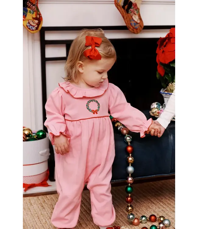 Hamptons Hot Pink with Wreath Embroidery Long Sleeve Ramona Ruffle Romper