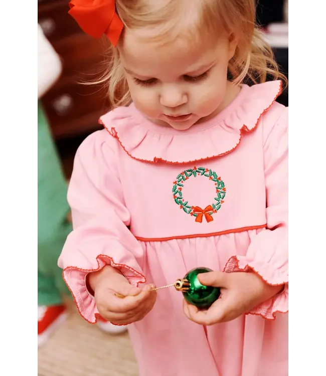 Hamptons Hot Pink with Wreath Embroidery Long Sleeve Ramona Ruffle Romper