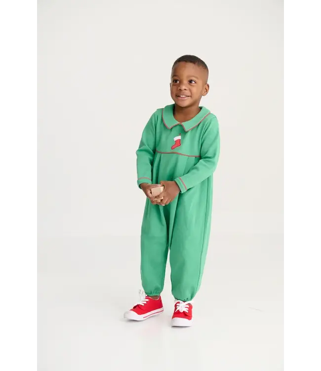 Kiawah Kelly Green with Stocking Embroidery Long Sleeve Bradford Romper