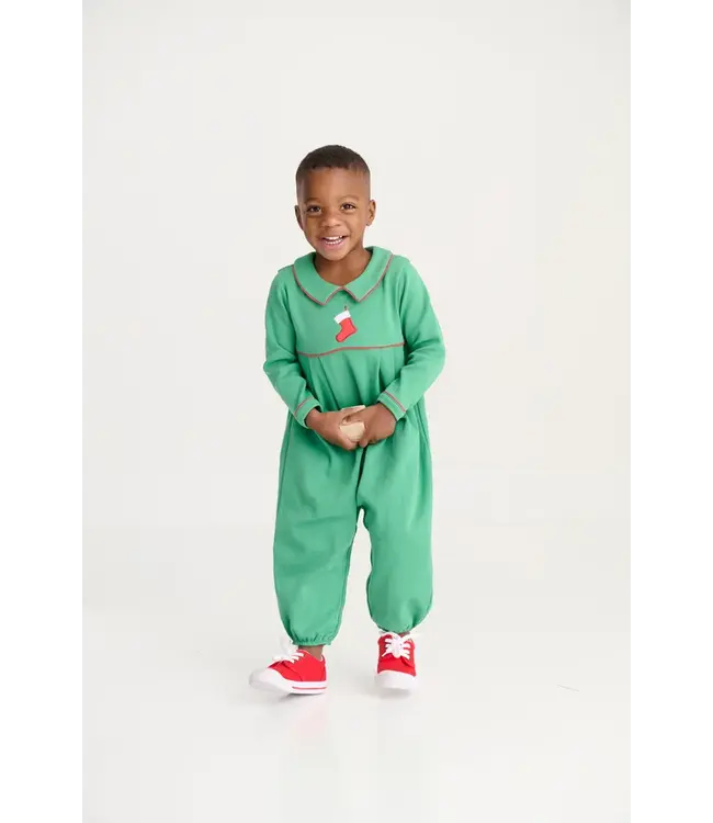 Kiawah Kelly Green with Stocking Embroidery Long Sleeve Bradford Romper