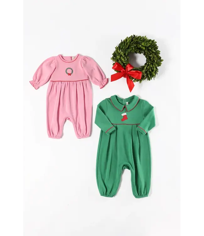 Kiawah Kelly Green with Stocking Embroidery Long Sleeve Bradford Romper