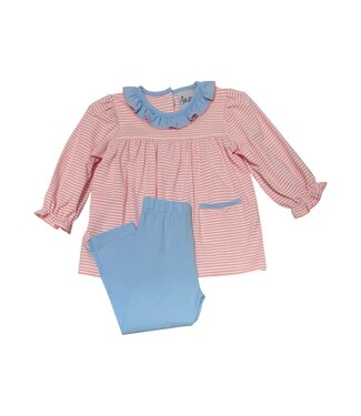Delaney White/Pink Stripe Knit Blue Ruffle Collar Legging Set