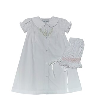 Delaney White S/S Button Front Roses Daygown & Bonnet Set