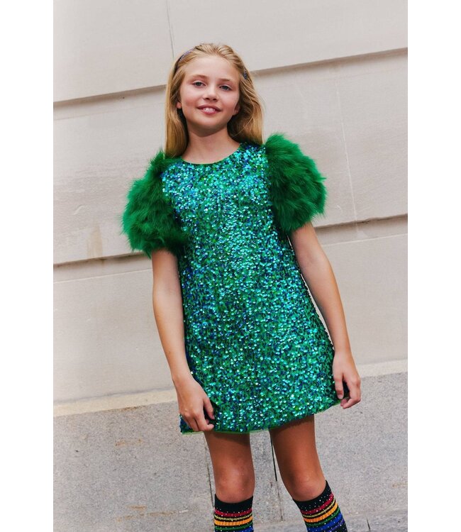 Girls Jade Green Feather Party Dress