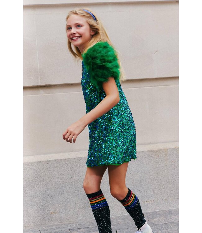 Girls Jade Green Feather Party Dress