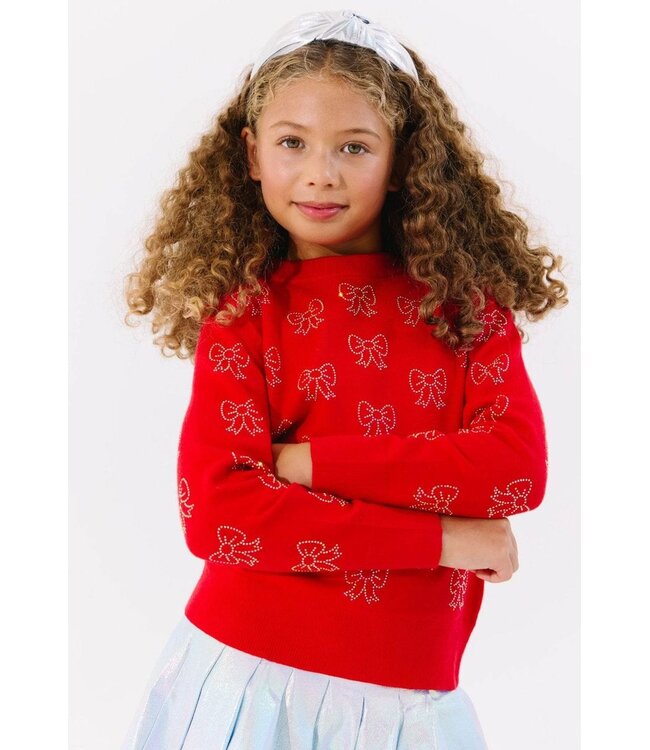 Lola and The Boys Girls Red Ruby Crystal Bows Sweater