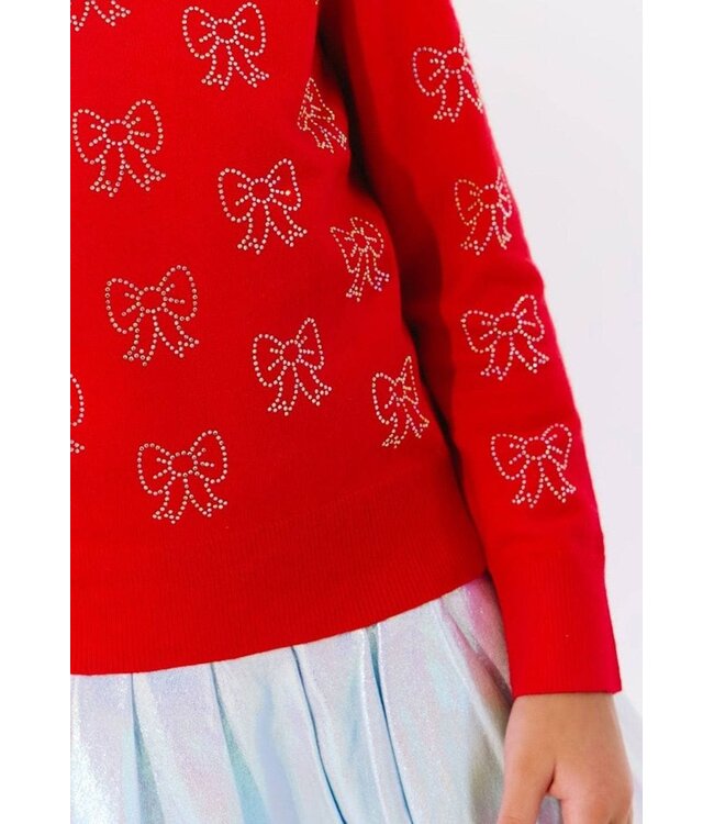 Lola and The Boys Girls Red Ruby Crystal Bows Sweater