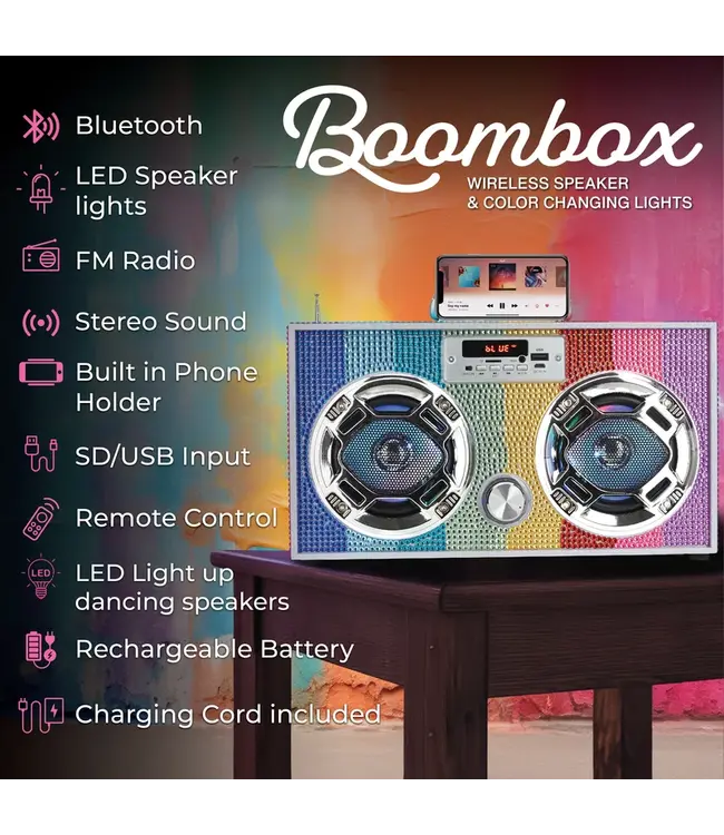 Rainbow Bling Retro Bluetooth Boombox