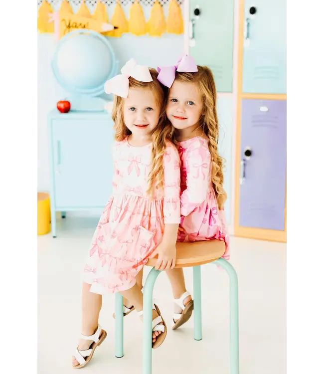 Blushing Bows 3/4 Sleeve Pocket Twirl Dress