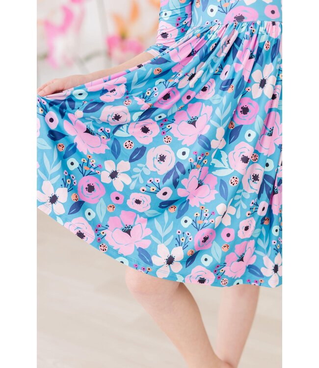 Twirling In Teal 3/4 Sleeve Pocket Twirl Dress