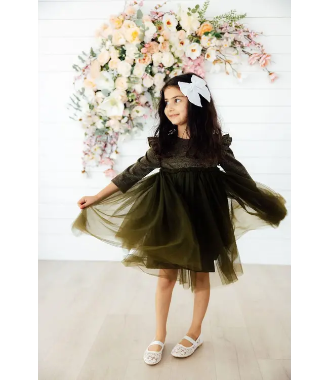 Olive Shimmer 3/4 Sleeve Tutu Dress