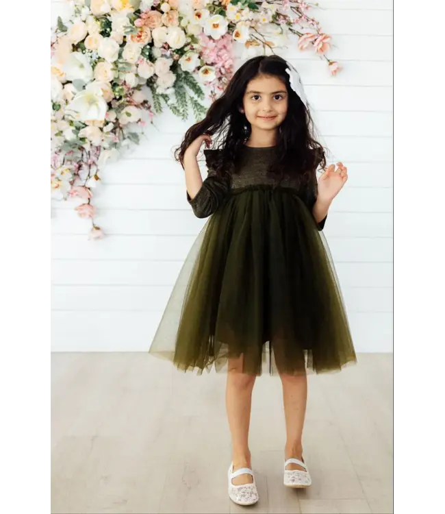 Olive Shimmer 3/4 Sleeve Tutu Dress