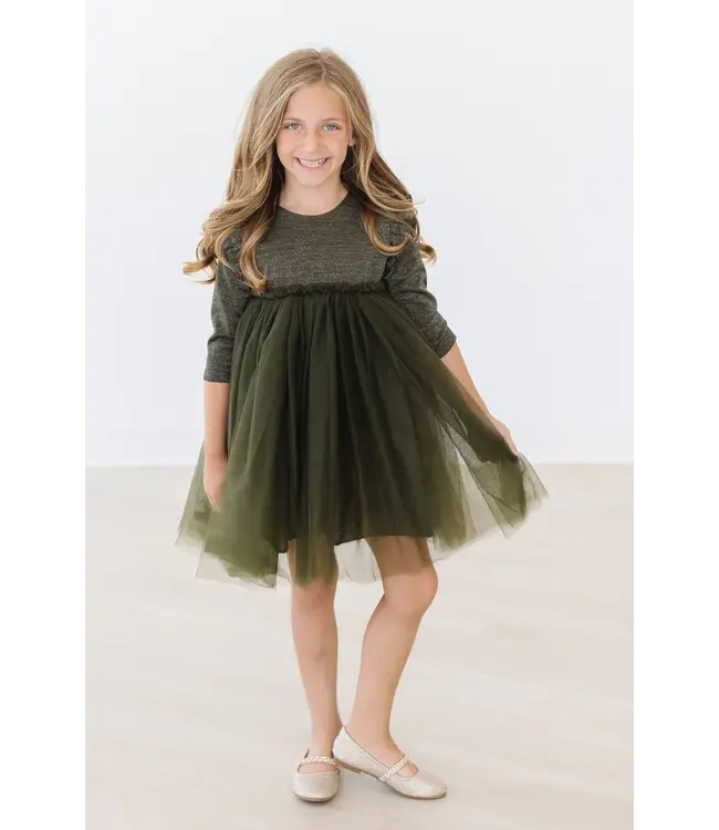 Olive Shimmer 3/4 Sleeve Tutu Dress