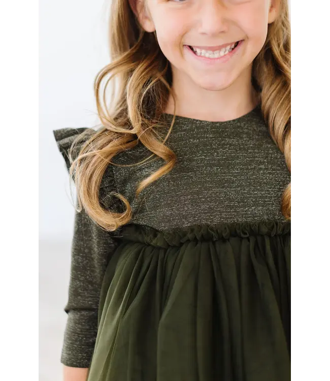 Olive Shimmer 3/4 Sleeve Tutu Dress