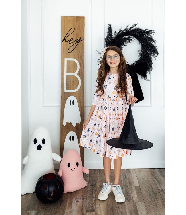Mila & Rose Girls Hey Boo Halloween 3/4 Sleeve Pocket Twirl Dress