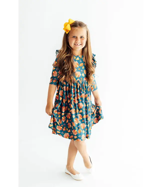 Gobble Til You Wobble 3/4 Sleeve Ruffle Twirl Dress