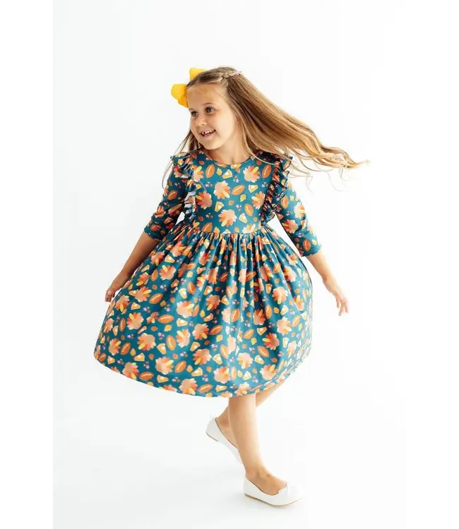 Gobble Til You Wobble 3/4 Sleeve Ruffle Twirl Dress