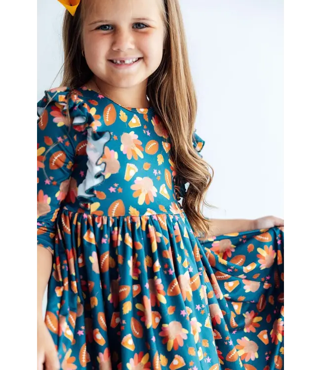 Gobble Til You Wobble 3/4 Sleeve Ruffle Twirl Dress