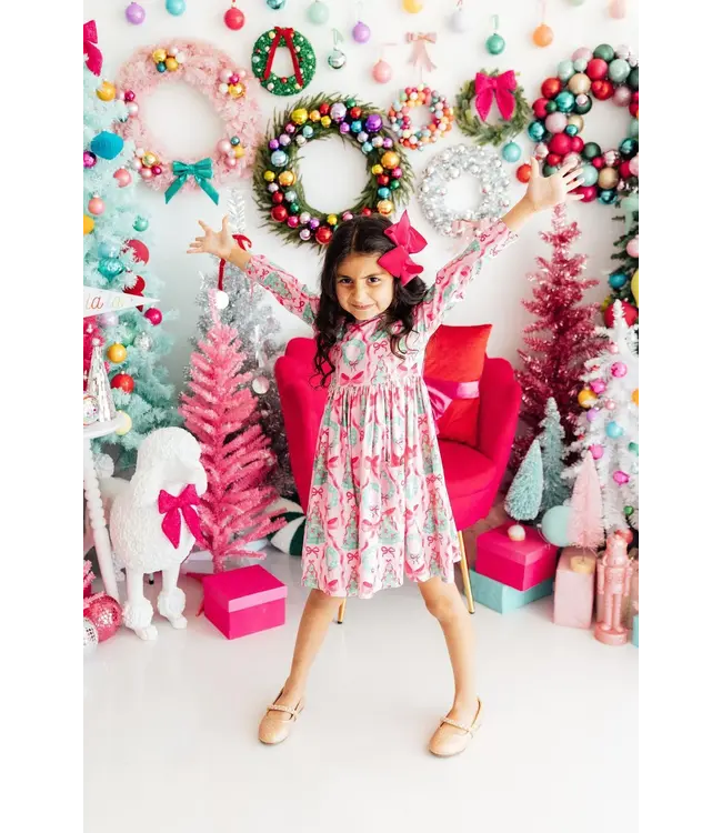 Mila & Rose Girls Jingle Bows Long Sleeve Pocket Twirl Dress