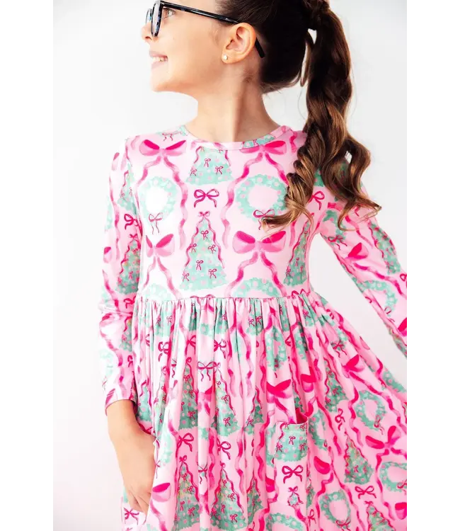 Mila & Rose Girls Jingle Bows Long Sleeve Pocket Twirl Dress